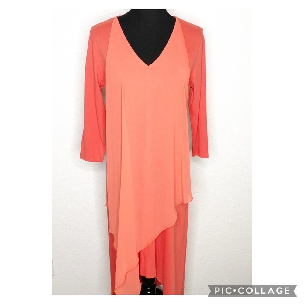 Soft Surroundings coral‎ orange v neck layered asymmetrical hem dress size Small